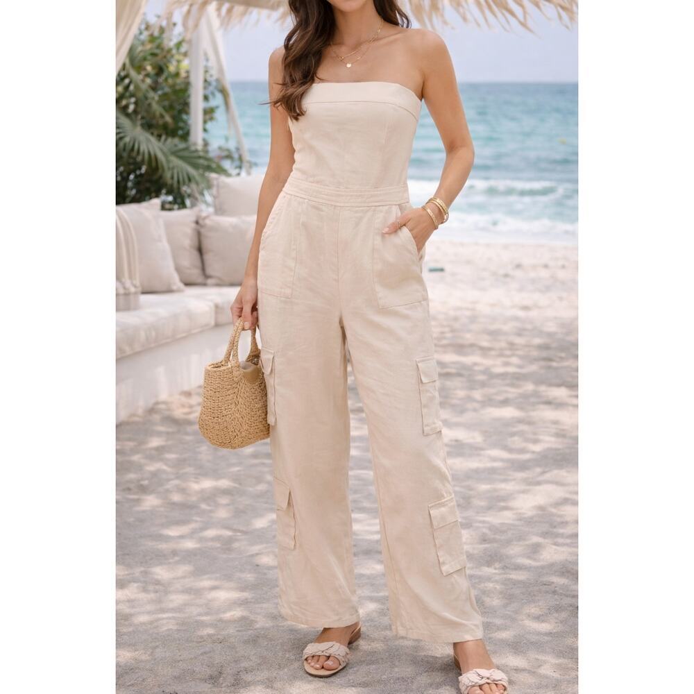 The Vintage Shop Strapless Jumpsuit Cream Wide Leg Cargo Pockets Size M